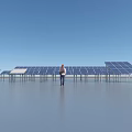 Person Standing Before Solar Panels Array With Blue Sky And Smooth Gray Surface 3d model