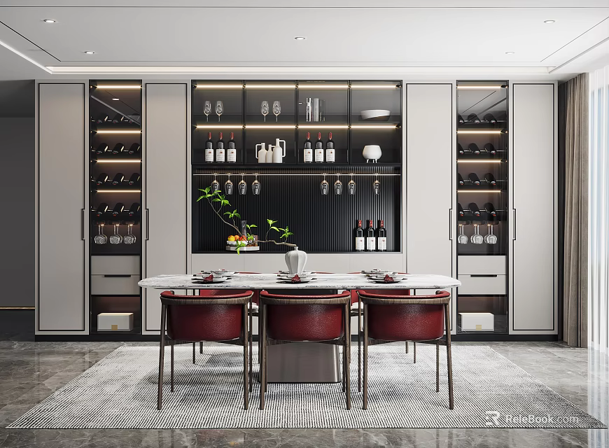 Elegant Modern Dining Room Interior With Wine Cabinet Dining Table And Red Chairs 3d model