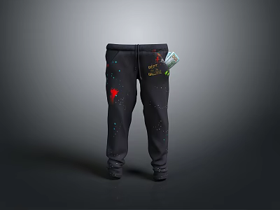 Casual Black Sweatpants With Colorful Patterns On Legs And Card In Pocket 3d model