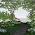 Lush Arbor Trees Lining Stone Path In Garden With Green Lawn And Flower Bushes