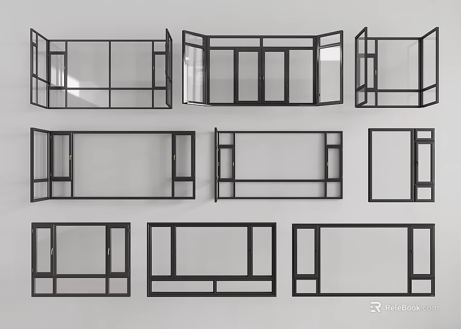 Black Frame Floor To Ceiling Windows With Multiple Design Styles 3d model 