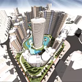 Modern Urban High Rise Complex With Central Water Feature And Surrounding Roads