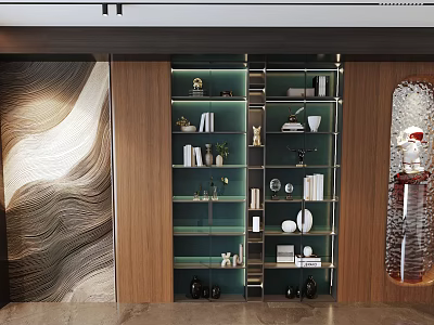 Modern Bookcase Interior Design With Glass Shelves Books And Decorative Wave Wall 3d model