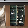 Modern Bookcase Interior Design With Glass Shelves Books And Decorative Wave Wall