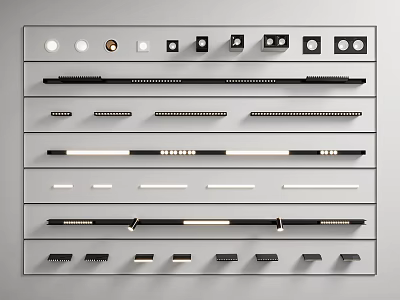 Various Styles Downlights And Spotlights With Accessories Neatly Arranged On Multi Layer Shelves Grey Background 3d model