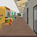 Bright Colorful Outdoor Street Vending Kiosks Along Sunny Urban Public Wooden Pedestrian Walkway