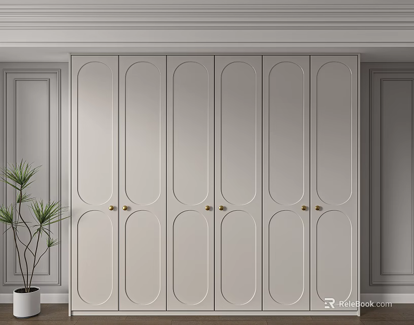 Elegant Light Colored Wardrobe with Oval Panel Doors Brass Handles and Gray Walls Potted Plant 3d model 