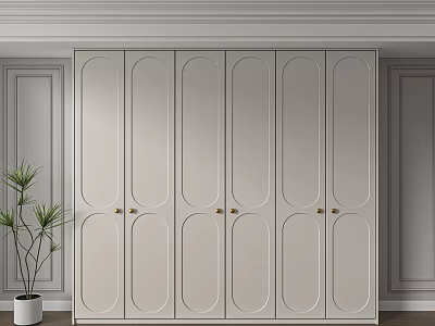 Elegant Light Colored Wardrobe with Oval Panel Doors Brass Handles and Gray Walls Potted Plant 3d model