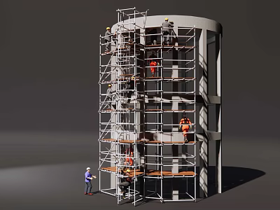 Scaffolding Structure For Cylindrical Building Construction With Workers On Site 3d model
