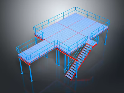 Industrial Style Platform Furniture With Blue Railings Red Stairs And Grid Floor 3d model