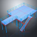 Industrial Style Platform Furniture With Blue Railings Red Stairs And Grid Floor