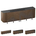Modern Wooden Sideboard With Marble Top And Geometric Panel Design Featuring Metal Legs