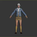 Game Movie Character With White Hair Sunglasses Blue Denim Jacket Yellow Plaid Skirt