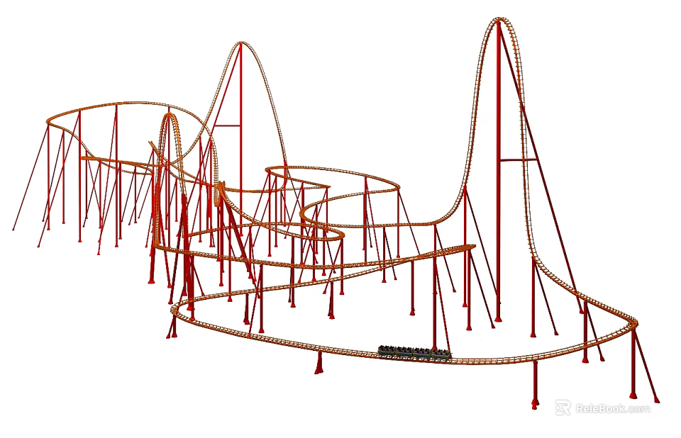 Thrilling Roller Coaster Amusement Ride With Red Tracks And Steel Support Structures In Park 3d model 