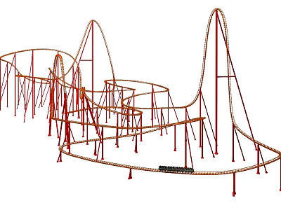 Thrilling Roller Coaster Amusement Ride With Red Tracks And Steel Support Structures In Park 3d model