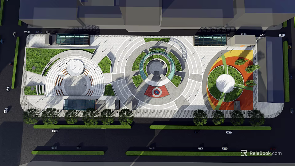 Modern Urban Plaza Design With Circular Landscaped Areas Greenery And Walkways 3d model 