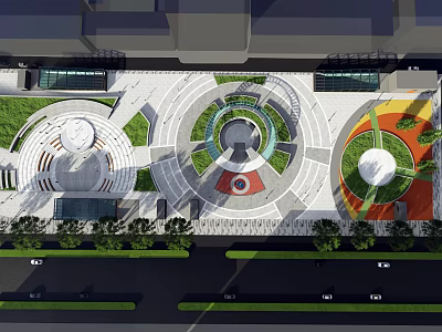 Modern Urban Plaza Design With Circular Landscaped Areas Greenery And Walkways 3d model