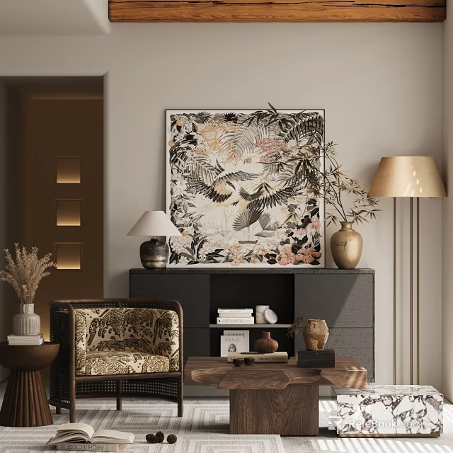 Stylish Leisure Chair In Living Area With Bird Plant Painting Floor Lamp Cabinet And Side Table 3d model 