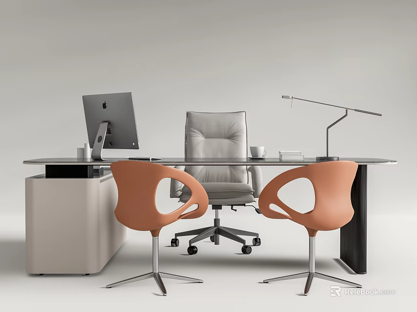Modern Office Desk With Gray Office Chair Orange Chairs Monitor Lamp And Cabinet 3d model 