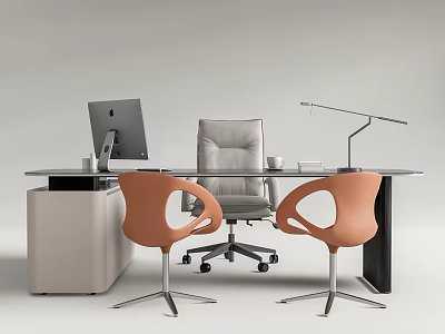 Modern Office Desk With Gray Office Chair Orange Chairs Monitor Lamp And Cabinet 3d model