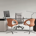 Modern Office Desk With Gray Office Chair Orange Chairs Monitor Lamp And Cabinet