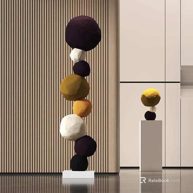 Multicolored Spherical Sculpture Carvings With Stacked Ball Design In Modern Interior Space 3d model 