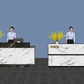 Modern Reception Desk With Marble Counter Potted Plant And Person Standing
