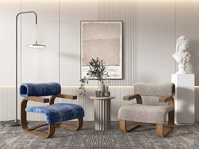 Modern Casual Sofa Set With Blue Gray Chairs Wooden Frame And Small Round Table 3d model