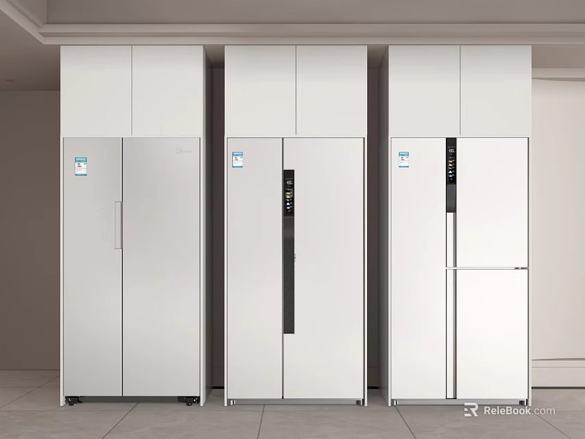 Three White Modern Refrigerators With Different Door Styles Arranged Side By Side 3d model
