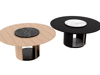 Two Round Tables With Wooden And Black Tops Black White Marble Inserts And Metal Bases 3d model
