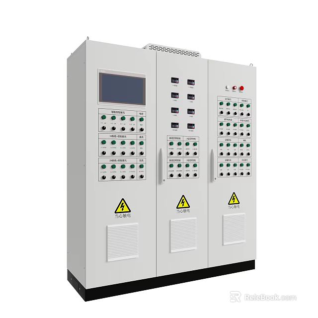 White Electrical Control Cabinet With Display Screen Control Buttons Indicator Lights And Warning Signs 3d model 