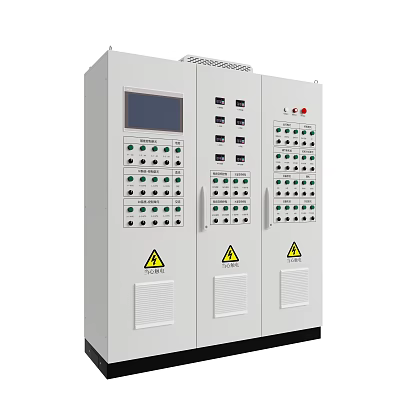 White Electrical Control Cabinet With Display Screen Control Buttons Indicator Lights And Warning Signs 3d model