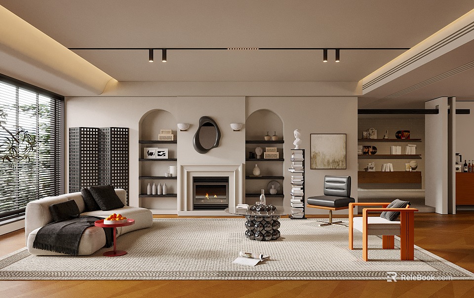 Modern Minimalist Living Room Interior With Sofa Fireplace Arched Mirror Wooden Chair And Bookshelves 3d model 