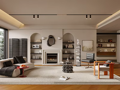 Modern Minimalist Living Room Interior With Sofa Fireplace Arched Mirror Wooden Chair And Bookshelves 3d model