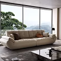 Modern Living Room Interior With Leather Sofa Pillows Large Windows And Scenic Greenery View