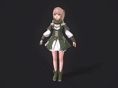 Anime Style Game Movie Character With Blonde Short Hair Green White Outfit And Leather Boots 3d model