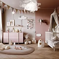 Pink Kids Room Interior With Cloud Decor Elephant Wall Art Crib And Stuffed Toys
