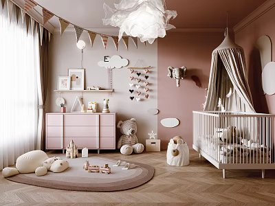 Pink Kids Room Interior With Cloud Decor Elephant Wall Art Crib And Stuffed Toys 3d model