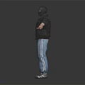 Masked Man in Black Leather Jacket Blue Jeans Arms Outstretched on Gray Reflective Floor Background