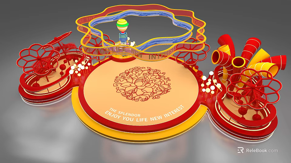 Cartoon Adventure Scene With Character On Circular Platform Red Yellow Structures And Intricate Pattern 3d model