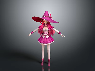 Pink Witch Character Wearing Frilly Dress With Large Hat And Magical Outfit 3d model