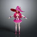 Pink Witch Character Wearing Frilly Dress With Large Hat And Magical Outfit