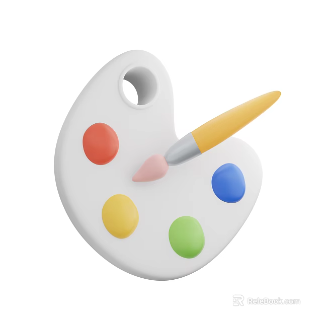 Useful Household Art Painting Palette With Colorful Paints And Yellow Paintbrush 3d model 