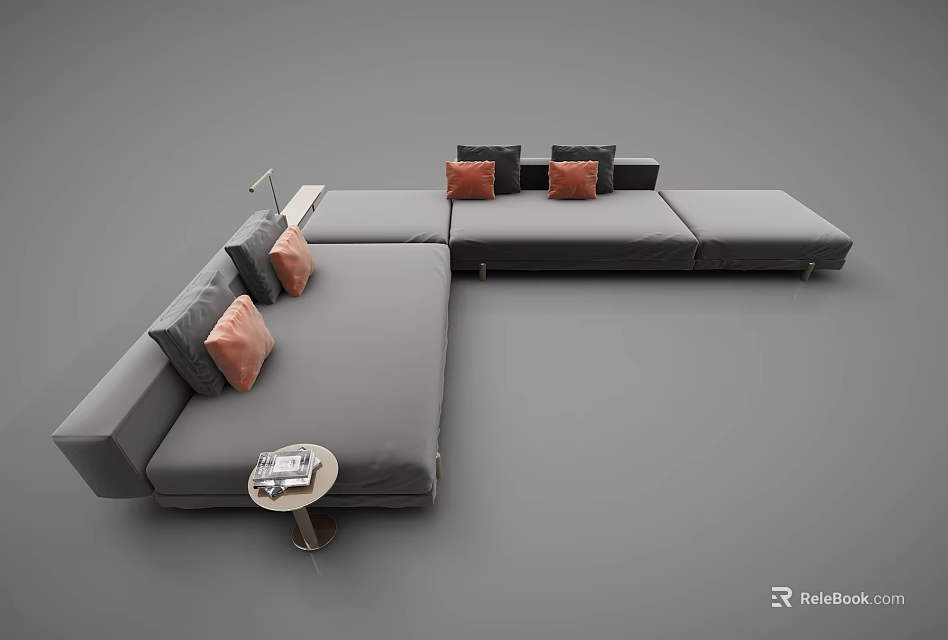 Modern Gray Sectional Sofa with Orange Pillows and Small Side Table with Magazines 3d model