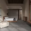 Cozy Hotel Guest Room Interior With Wooden Ceiling Sofa Seating Coffee Table And Soft Lighting
