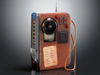 Vintage Radio With Brown Casing Knob Buttons Antenna And Small Note 3d model