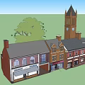 Vintage Red Brick Commercial Complex With Retail Shops Cafe And Clock Tower 3d model