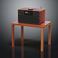 Retro Headphone Speaker System With Wooden Case Black Panel On Wooden Table And Control Buttons