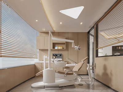 Modern Dental Clinic Interior With Treatment Chair Equipment Windows Blinds And Wooden Cabinets 3d model