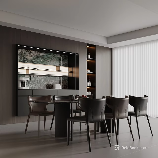 Modern Dining Room With Round Table Dark Chairs Decorative Wall And White Blinds 3d model 